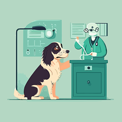 a cute vector art illustration of a dog looking at the veterinary doctor, low details