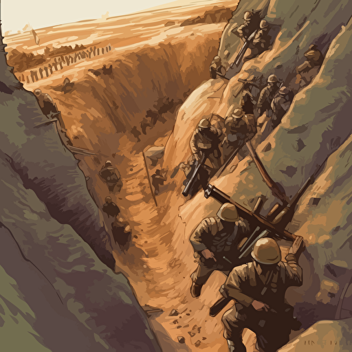 battle landscape , world war I , looking down , holding their guns with bayonette, in the trenches with helmets, 16:9 format, illustration vectorial style, limited color palette, view from above
