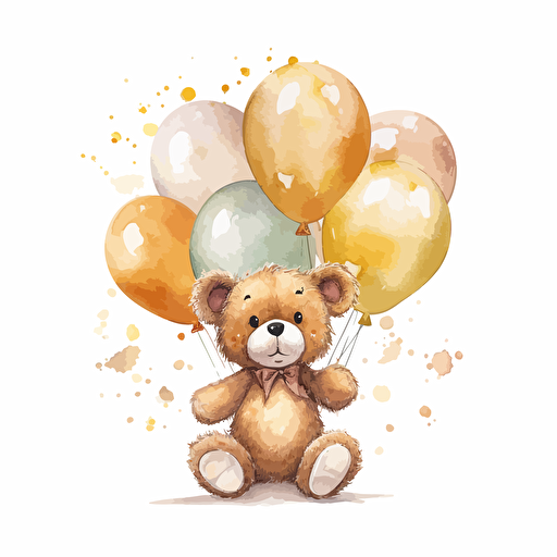 cute teddy bear wearing a golden bow holding many balloons in shades of brown, watercolor, vector