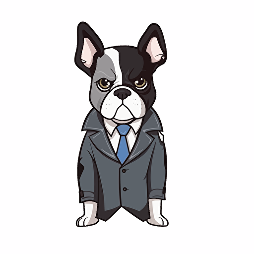 Cartoon Boston Terrier vector simple illustration wearing business suit large eyes on plain white background