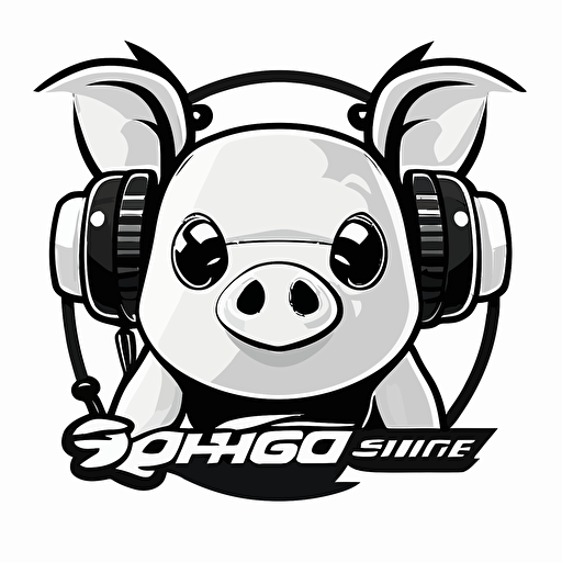 mascot logo of a dj pig with earphones, esports style, black and white, 2D vector logo, flat, white background,