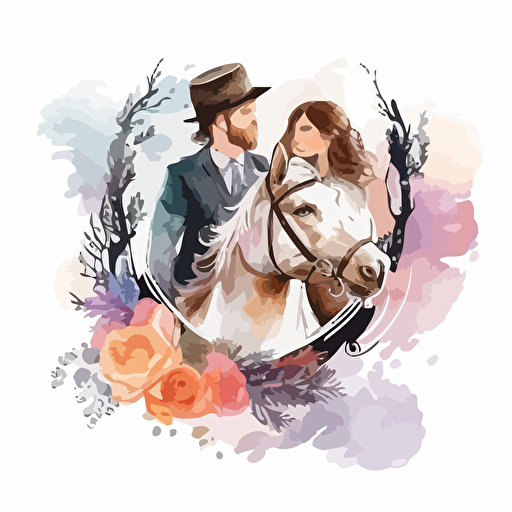 kwaii , storybook ,vector illustrations ,very cute wedding illustrations clipart set,beautiful newlyweds riding a horse, on a white background separate elements with a margin, watercolors , husband and wife on their wedding day riding a horse together , love