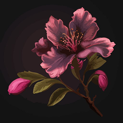 A painted prunus persice flower in dark pink, no background, vector, background has shade #1B110B