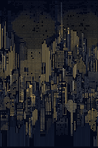 seamless wallpaper made of digital binary barcode data, vector dot matrix futuristic ziggurat cityscape skyline, ultra-sharp intricate details, navy and gold, dark indigo and dark gray