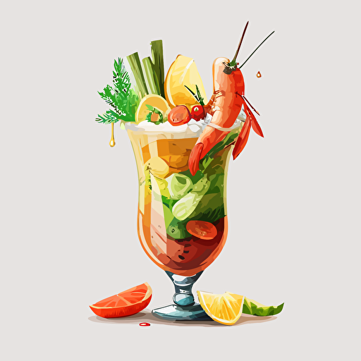 caesar cocktail glass, full color illustrated vector with no background, have an olive, shrimp, pickles, celery, lemon, cheese in the cocktail glass on top
