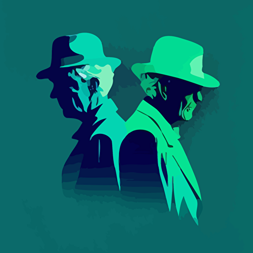 2 elder, Confrontational, Cool & Cocky, blue color, green background, simple design, vector style, white outline over silhouette