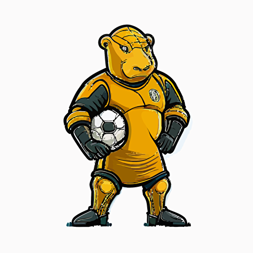 logo, yellow gopher suit of armor, holding a soccerball, cartoon style, vector, no background