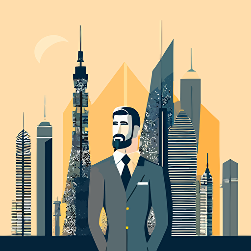 minimal vector flat illustration of modern business man standing next to emirates towers dubai, smiling