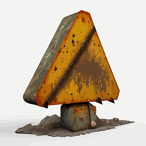 a decaying traffic warning sign, freestanding but tilted to the side like it's been hit by something, and then abandoned for years, vector, no background