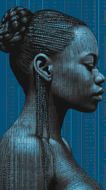 cyberpunk ghost in the machine, techno-ziggurat made of digital binary barcode data, mystical cryptopunk vector dot matrix futuristic generative art, ultra-sharp intricate details::3 artwork by Hassan Hajjaj:: artwork by Mary Sibande:: artwork by Viviane Sassen:: artwork by Aida Muluneh:: artwork by Delphine Diallo