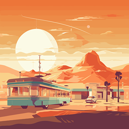 desert town, with gas station and caravans, sunny, mondo poster, silhouette, minimal illustration, vector art, dkng style, 5 retro colours