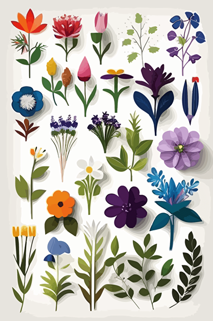 flat design, 2d, different flowers collage, 4 rows, white background, no shadows, vector