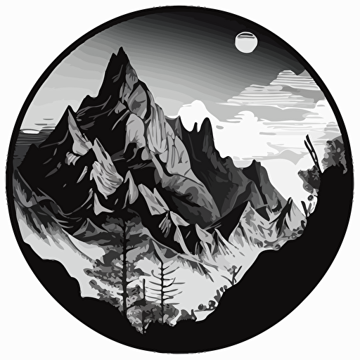 fantastical vast mountain range drawing, monotone, single layer, no shadows, #000000, 700mm diameter perfect circle, black outer border, vector art, daytime
