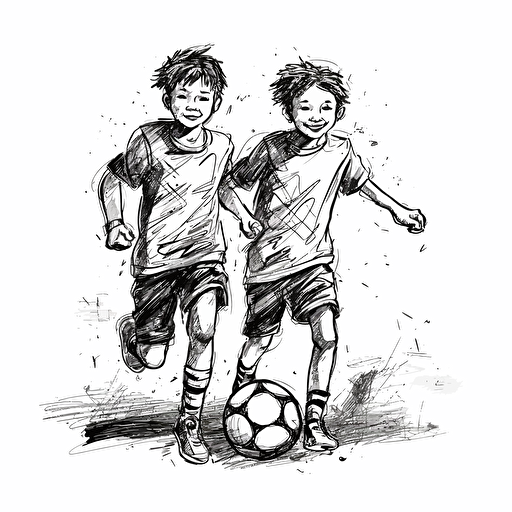 Vector illustration black ink drawing of two handsome, happy 9 years old boys playing soccer with white background