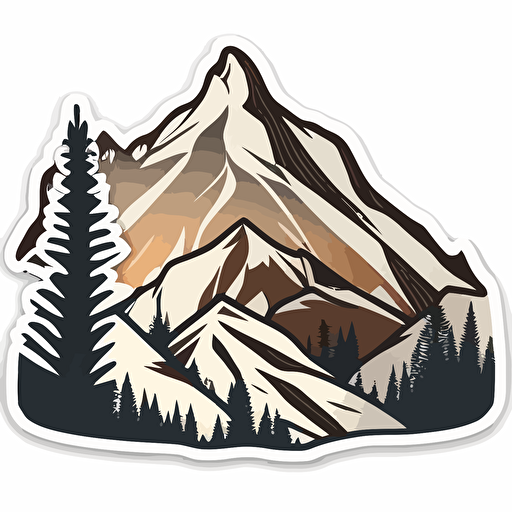 sticker, minimalistic mountain silhouette, woodsy shadows, contour, vector, white background