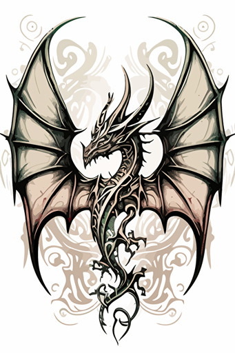 dragon with symmetric spread wings, svg vector image, subtle pale colors and thick crisp black outline, white background