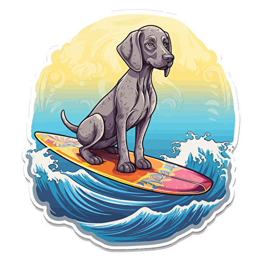 weimaraner puppy riding on top of a surfboard, Sticker, Playful, Bright Colors, Digital Art, Contour, Vector, Big blue wave in Background, Detailed