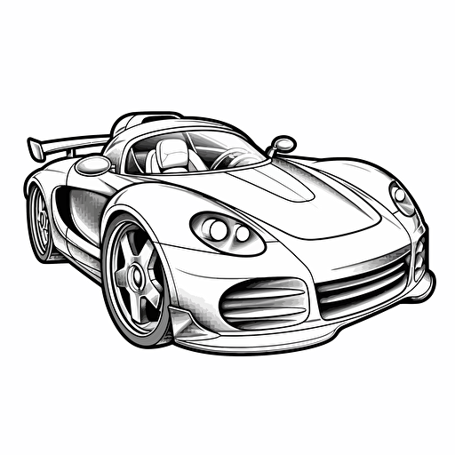 Haz un coche deportivo del 2023, gracioso para niño de 3 años, para colorear, quiero el fondo blanco, imagen completa, estilo de libro para colorear sobre fondo blanco, bien compuesta, página de libro para colorear limpia, sin interpolación, sin degradado, contorno fuerte, sin relleno, sin sólidos, sin sombreado , ilustración vectorial.