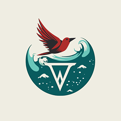 modern, flat, vector logo of a cardinal flying through a tidal wave, letters T W