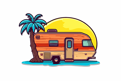 2d illustration, beach themed 1970's trailer simple vector colorful sticker