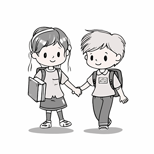 black on white vector of cute boy and girl 4 years of age holding hands with school books