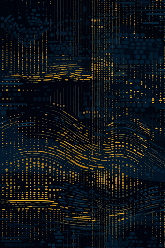 seamless wallpaper made of digital binary barcode data, vector dot matrix, futuristic zigguart sea theme, ocean, ultra-sharp intricate details, navy and gold, dark indigo and dark grey