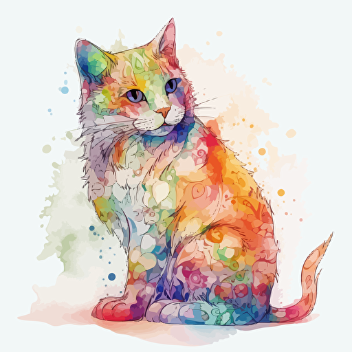 cat, Cheerful, Neon, Contour, Vector, White Background, light watercolor, few details, dreamy, Batik