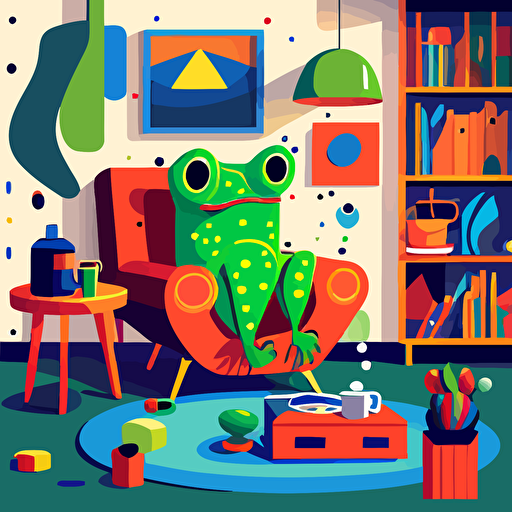 Inspired by the Memphis Design style, create a vector illustration of KEK (in his frog form similar to Pepe the Frog) relaxing in a room filled with colorful, geometric furniture and patterns. Set the scene in a contemporary living space, with KEK smirking playfully.