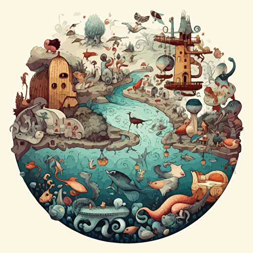 round up design with digital retro illustration of tiny creatures inspired by Studio Ghibli, vector illustration, intricate details, highly detailed, sharp, white background