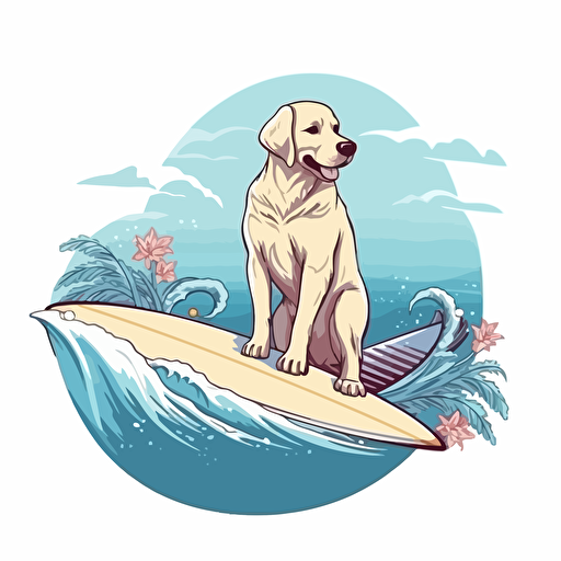 cute labrador riding a malibu surfboard on a wave, design, tropical, 2d, vector, white background