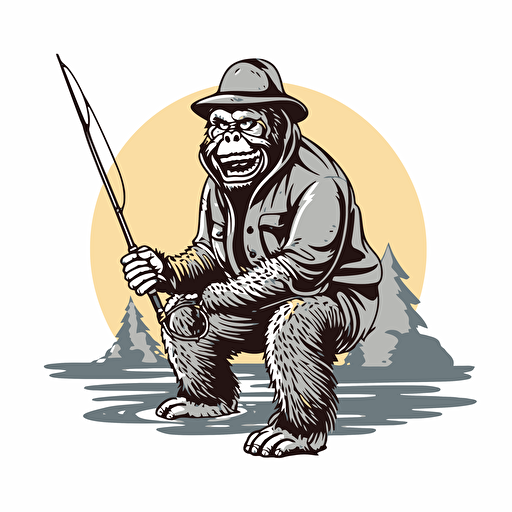 smiling bigfoot with baseball hat fly fishing, in style of outdoor logo, isolated on white, no background, vector art