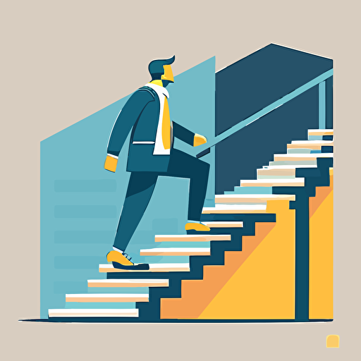 A man in casual business attire climbing a set of stairs in an office setting. flat style illustration for business ideas, flat design vector, industrial, light color pallet using a limited color pallet, high resolution, engineering/ construction and design, colored cartoon style, light indigo and light gold, cad( computer aided design) , white background