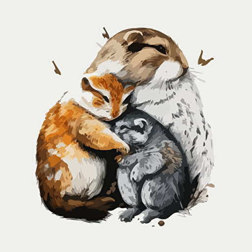implistic vector of two marmots on their hind legs hugging each other and a calico cat sleeping