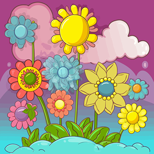 different unique flowers in different colors in a garden. Sun and clouds in the sky. Vector illustration
