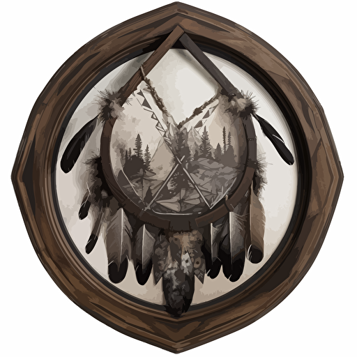 create a unique logoin the style of seb nirak1 featuring a stylized arrowhead enclosed within a circular frame. The arrowhead contains a detailed representation of the Smoky Mountains, skillfully illustrating the peaks and valleys to evoke a sense of depth and grandeur. Surrounding the circular logo, a rustic, tribal-inspired dreamcatcher motif made from interwoven branches and delicate turkey feathers creates an enchanting border. make it like a vector image with a transparent background. make it easy to scale or to be used on merchendise