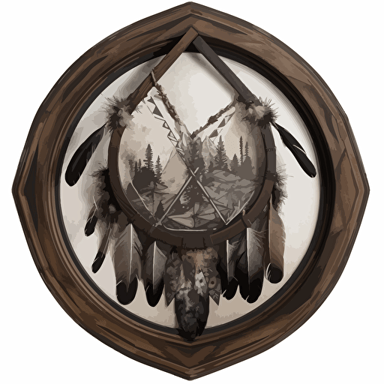 create a unique logoin the style of seb nirak1 featuring a stylized arrowhead enclosed within a circular frame. The arrowhead contains a detailed representation of the Smoky Mountains, skillfully illustrating the peaks and valleys to evoke a sense of depth and grandeur. Surrounding the circular logo, a rustic, tribal-inspired dreamcatcher motif made from interwoven branches and delicate turkey feathers creates an enchanting border. make it like a vector image with a transparent background. make it easy to scale or to be used on merchendise