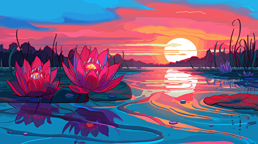 2d vector illustration blue and red flower and lake