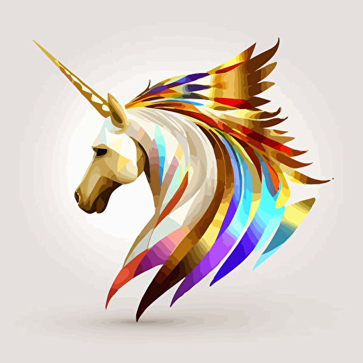 vector drawing, white, Alicorn, rainbow main, rainbow horn, rainbows hooves, gold wings