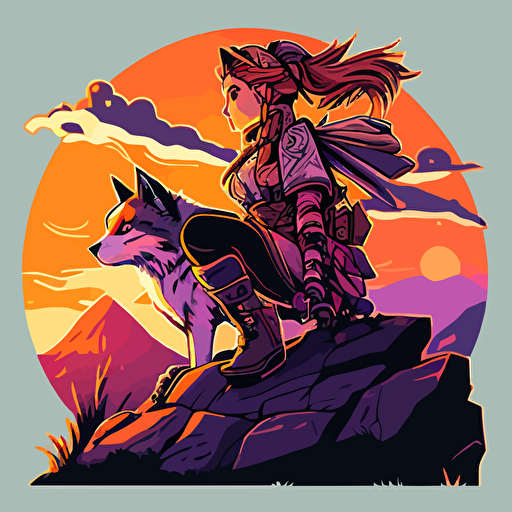 aloy as a cat on top of a mountain with sunset, comic style, vector art, bright color