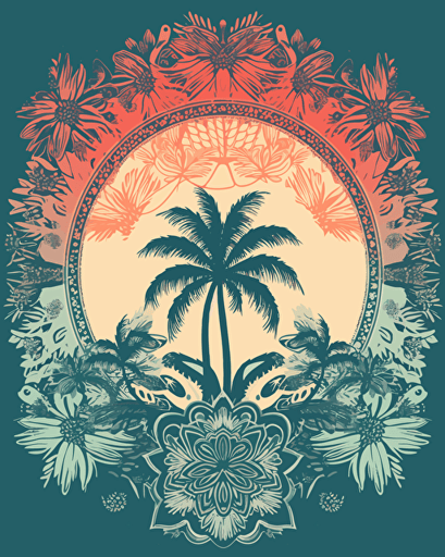 mandala palm tree, retro aesthetics, vector image, sticker design, pantone colors