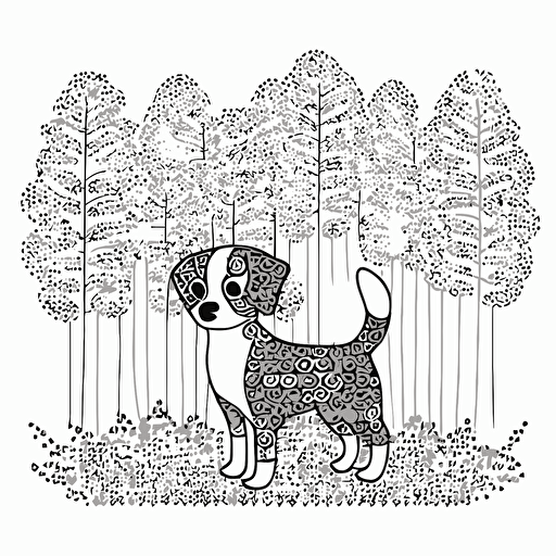 cute dog in the forest made by pointillism, big cute eyes, pixar style, outline and simple shapes, flat vector, white background