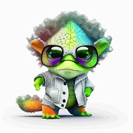 a very cute baby chameleon dressed as a Albert Einstein , wearing very big sunglasses ,vector, cartoon, graffiti neon colors, white background