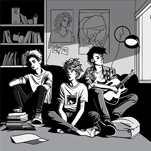 3 young, in the ´90, sitting on a couch. The room is messy, there are clothes thrown on the floor. The walls have posters of rock bands. There is a shelf with stacked records. vector geometric Simple Lineart