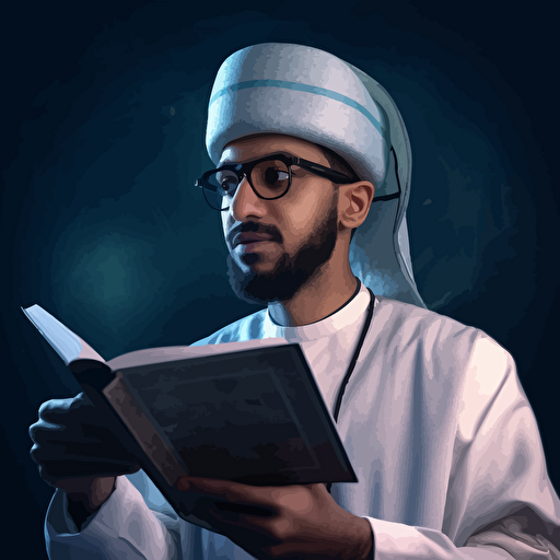 a claymation style easily vectorizable time traveling, handsome sunni sufi muslim conquerer from the future, his glasses have an intense and futuristic looking HUD overlay as he studies his surroundings. there is a hologram of an arabic book floating over his right shoulder. image should be easily vectorizable