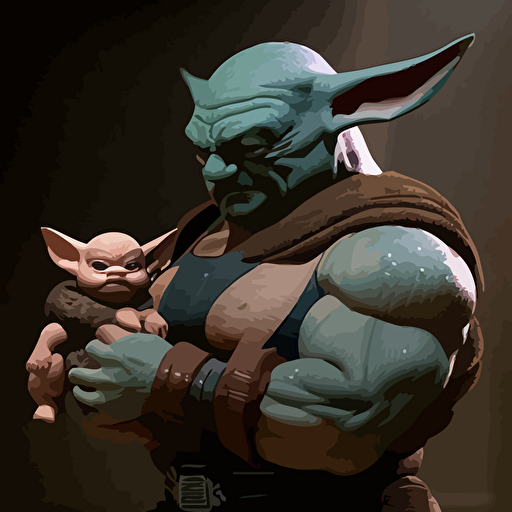 The Mandalorian as a bodybuilder holding Baby Yoda as a vector image