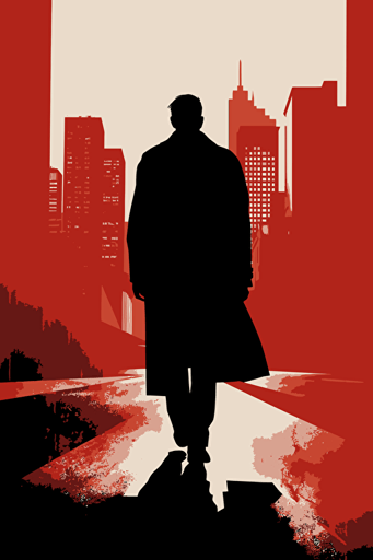 a man wearing a coat and walking on a split red and white background, in the style of simplistic vector art, cityscape, film noir, poster art, realist detail, careful composition, stencil-based