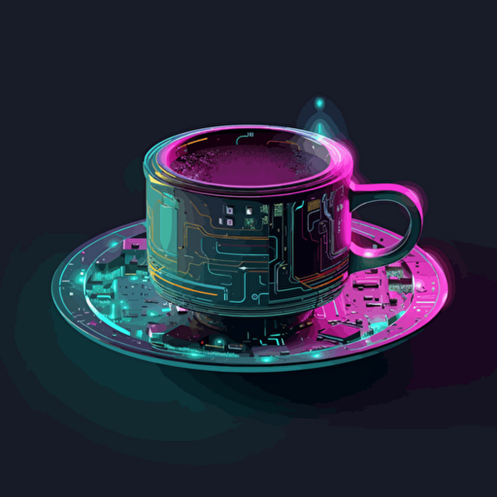 A futuristic coffee cup merging with a database disk (medium: vector art)(style: combining elements of cyberpunk aesthetics and flat design)(lighting: vibrant neon accents, emphasizing the high-tech nature of the disk)(colors: contrasting shades of dark grays and vivid neon blues, greens, and purples)(composition: a 3/4 angle perspective, captured with a wide-angle lens to give a sense of depth, placing the coffee cup-database hybrid as the central focal point)