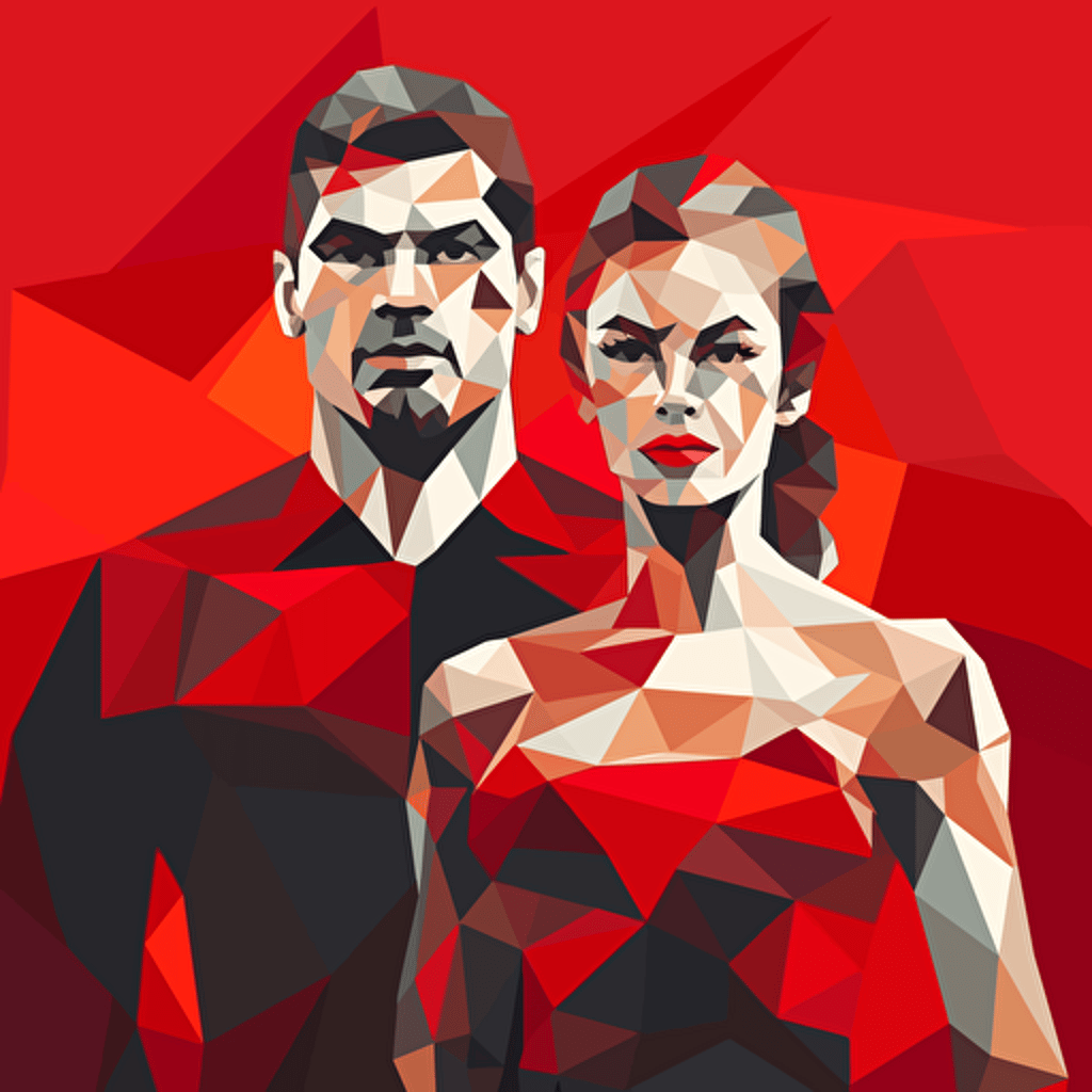 sports guy and girl in the style of the ussr poster, black and red colors, vector art polygon style