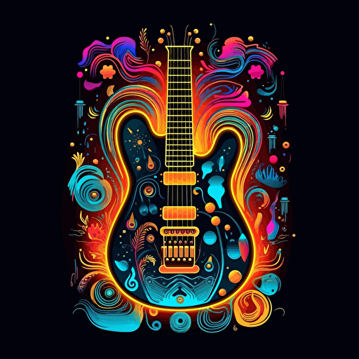 electric guitar, surrounded by elegant musical motifs, 2d vector, neon colours, epic composition, vector design on the edges of the image