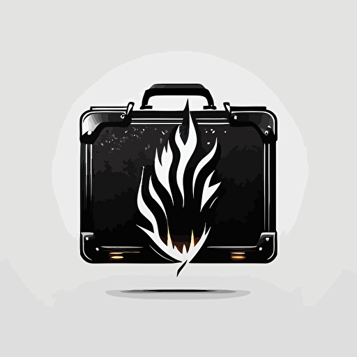 Retro futuristic iconic logo of burning briefcase, black vector, on white background.
